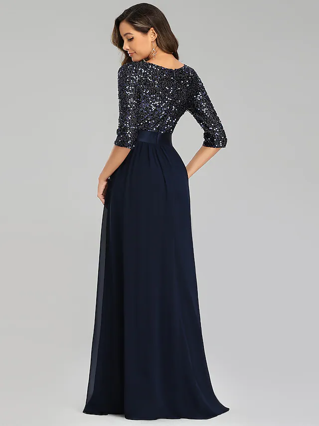 A-Linie, elegantes Abendkleid für Hochzeitsgäste, Rundhalsausschnitt, 3/4-Ärmel, bodenlang, Tüll mit Pailletten
